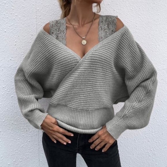 Bellanblue Sweaters - Cozy Grey Floral Lace Knit Sweater Top Cold Shoulder Minimalist